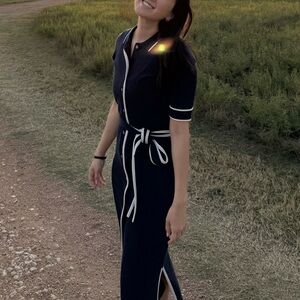 J.Crew Kaya Tipped Midi Navy Belted Merino Wool Sweater Shirt Dress small classy